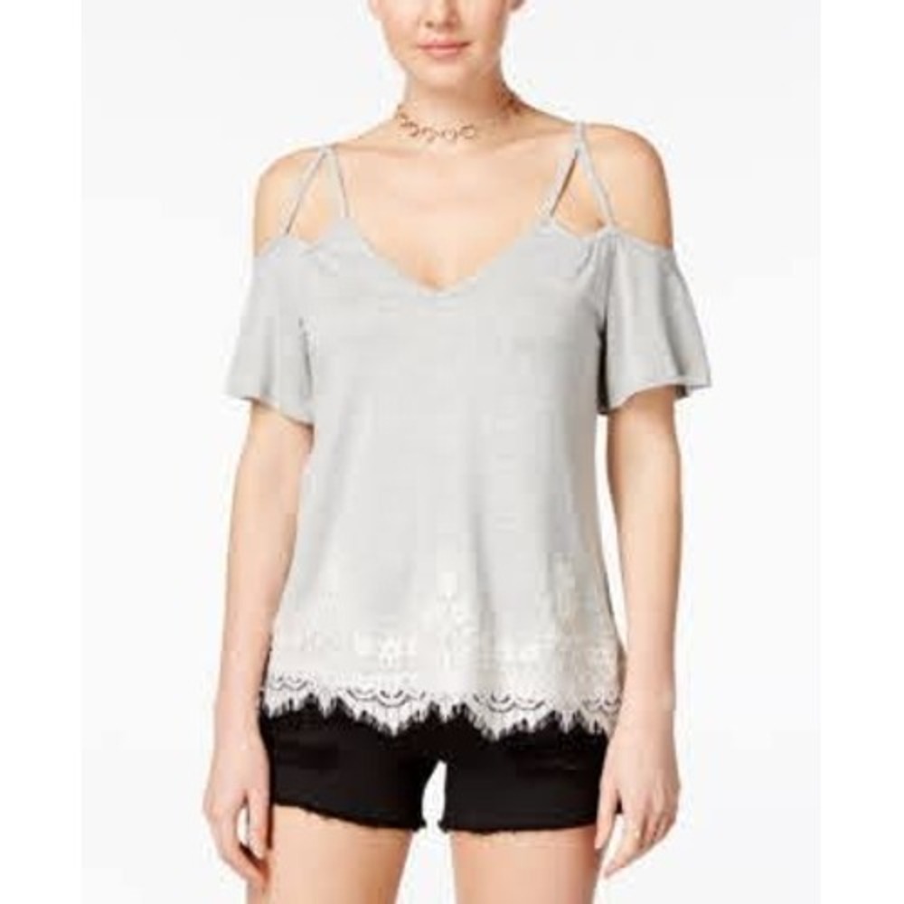 Self E by Belle du Jour Lace Trim Cold Shoulder Knit Blouse Grey Medium NWT